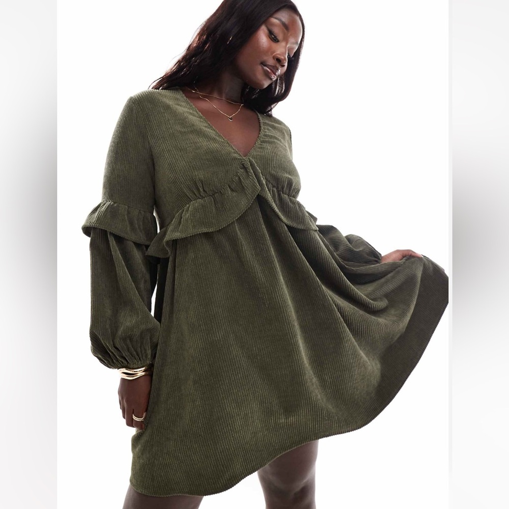ASOS DESIGN Curve cord smock mini dress with frill detail in deep olive